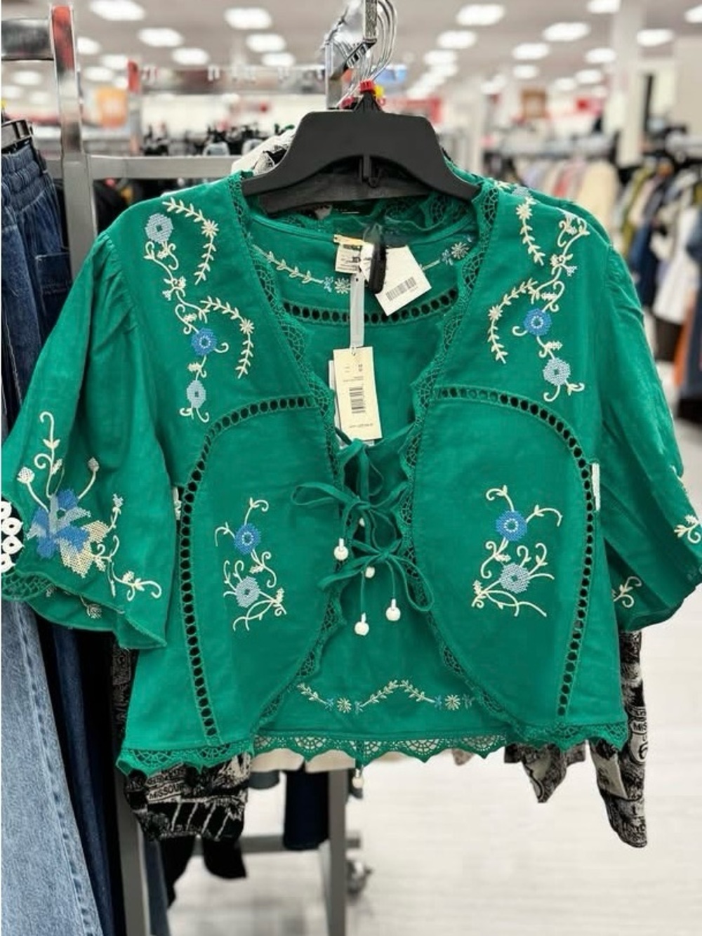 Jennifer & Grace Green Embroidered Tie-Front Crop Top| 100% Cotton | Small | NWT - Picture 2 of 12